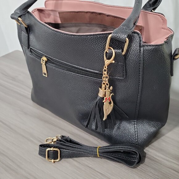 Black Faux Leather Tote Bag Pink Accents Satchel Crossbody Purse w Charm - Picture 5 of 10